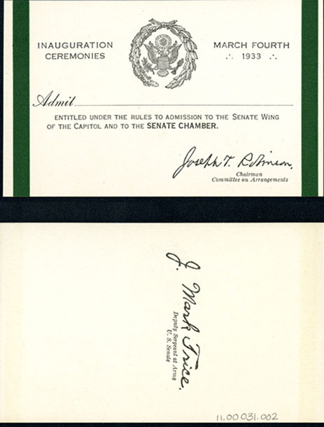 Ticket, 1933 Inauguration Ceremonies (Acc. No. 11.00031.002)