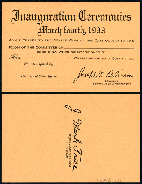 Ticket, 1933 Inauguration Ceremonies (Acc. No. 11.00031.011)