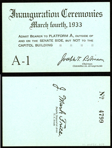 Ticket, 1933 Inauguration Ceremonies (Acc. No. 11.00031.019)