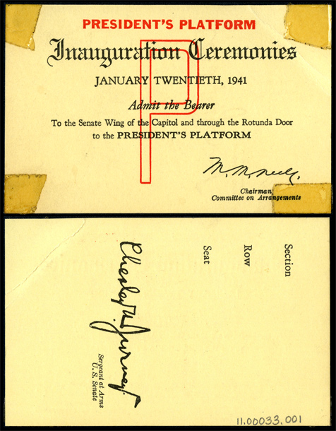 Ticket, 1941 Inaugural Ceremonies (Acc. No. 11.00033.001)