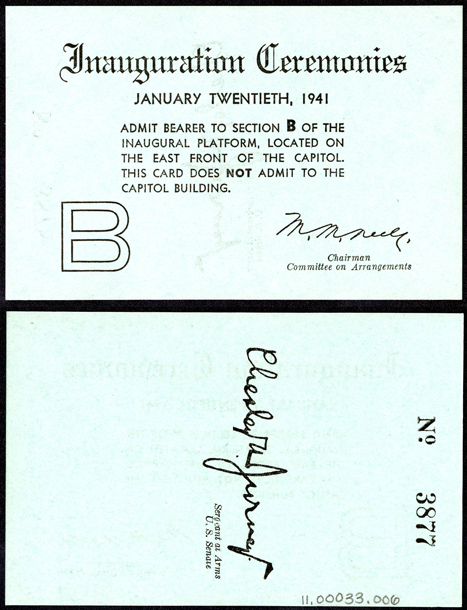 Ticket, 1941 Inauguration Ceremonies  (Acc. No. 11.00033.006)