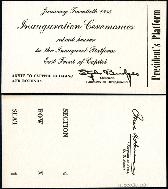 Ticket, 1953 Inauguration Ceremonies (Acc. No. 11.00036.001)