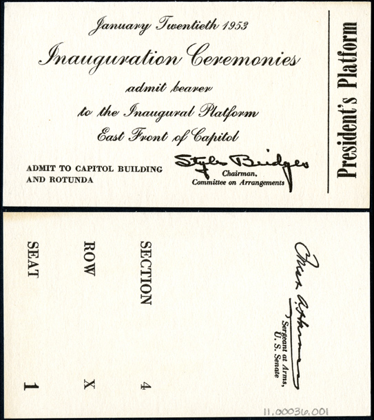 Ticket, 1953 Inaugural Ceremonies (Acc. No. 11.00036.001)