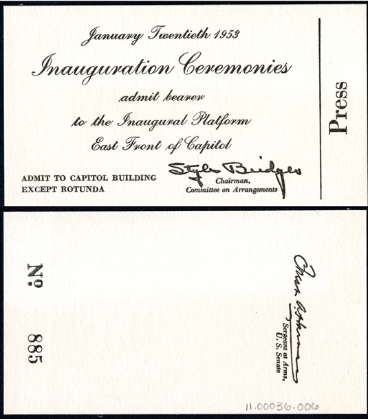Ticket, 1953 Inauguration Ceremonies (Acc. No. 11.00036.006)