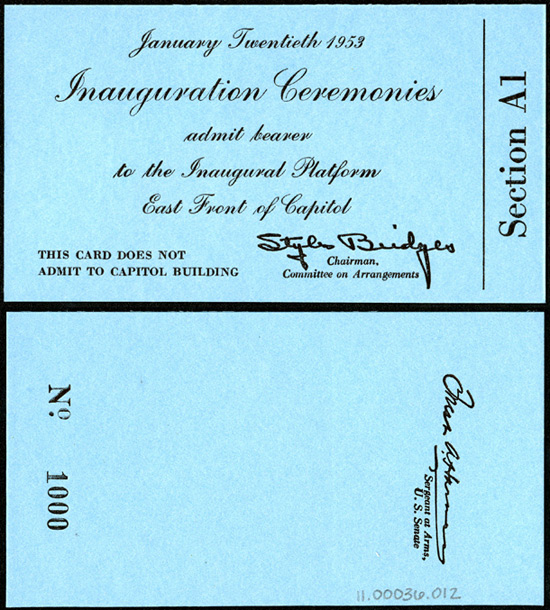 Ticket, 1953 Inauguration Ceremonies (Acc. No. 11.00036.012)