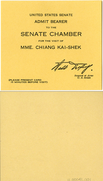 Ticket, Visit of MME. Chiang Kai-Shek, 78th Congress (Acc. No. 11.00041.001)