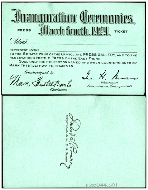 Ticket, 1929 Inaugural Ceremonies (Acc. No. 11.00044.001)
