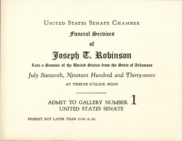 Ticket, 1937 Joseph T. Robinson Funeral (Acc. No. 11.00045.001)