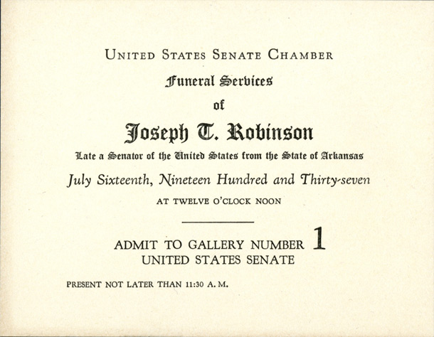 Ticket, 1937 Joseph T. Robinson Funeral (Acc. No. 11.00045.001)