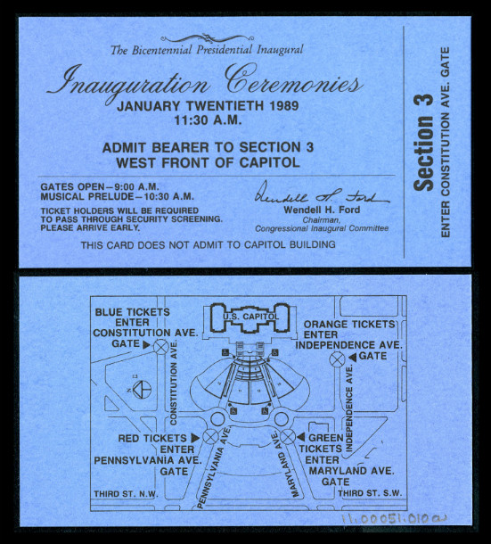 Ticket, 1989 Inaugural Ceremonies (Acc. No. 11.00051.010a)