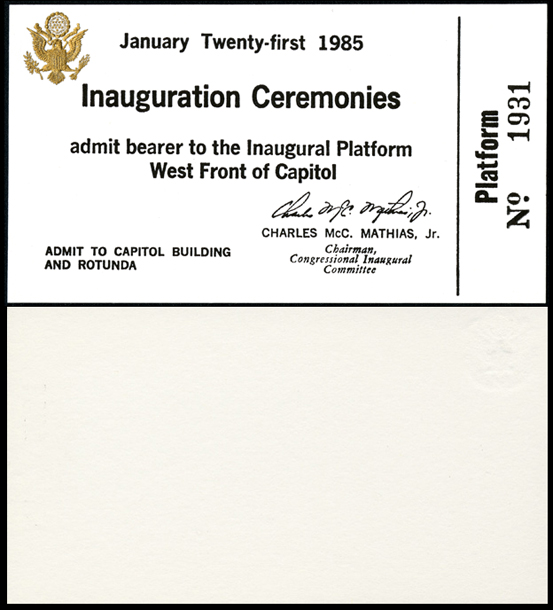 Ticket, 1985 Inauguration Ceremonies (Acc. No. 11.00052.001)