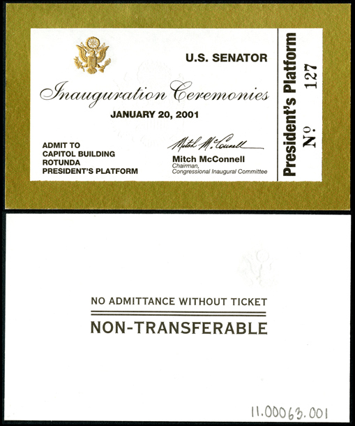 Ticket, 2001 Inauguration Ceremonies (Acc. No. 11.00063.001)