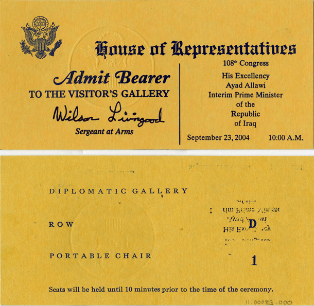 Ticket, Joint Session to Hear His Excellency Ayad Allawi, Interim Prime Minister of Iraq, 108th Congress (Acc. No. 11.00083.000)