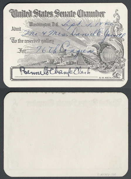 Gallery Pass, Reserved Gallery, United States Senate Chamber, 76th Congress (Acc. No. 11.00086.001)