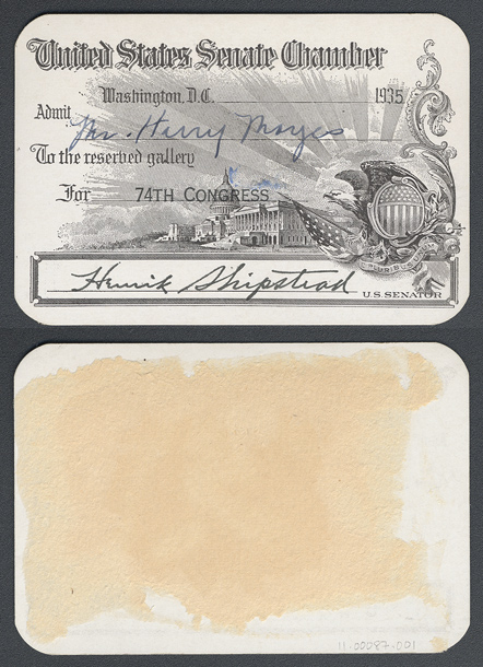Gallery Pass, Reserved Gallery, United States Senate Chamber, 74th Congress (Acc. No. 11.00087.001)