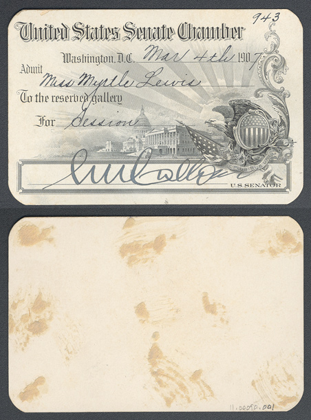 Gallery Pass, Reserved Gallery, United States Senate Chamber, 60th Congress (Acc. No. 11.00090.001)