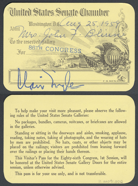 Gallery Pass, Reserved Gallery, United States Senate Chamber, 86th Congress (Acc. No. 11.00091.002)