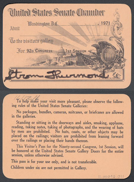 Gallery Pass, Visitor's Gallery, United States Senate Chamber, 92nd Congress (Acc. No. 11.00092.011)