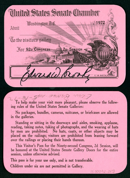 Gallery Pass, Visitor's Gallery, United States Senate Chamber, 92nd Congress (Acc. No. 11.00092.017)