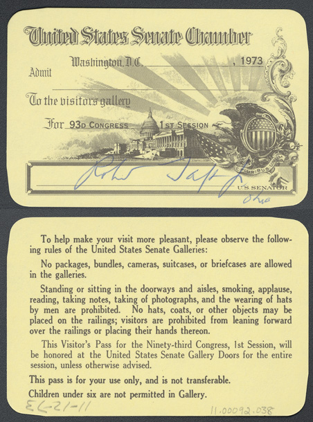 Gallery Pass, Visitor's Gallery, United States Senate Chamber, 93rd Congress (Acc. No. 11.00092.038)