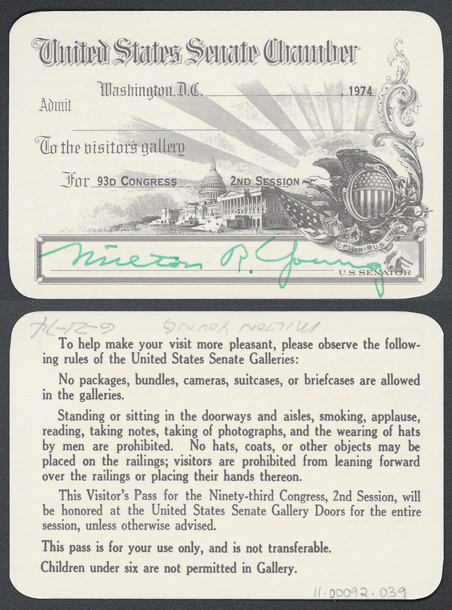 Gallery Pass, Visitor's Gallery, United States Senate Chamber, 93rd Congress (Acc. No. 11.00092.039)
