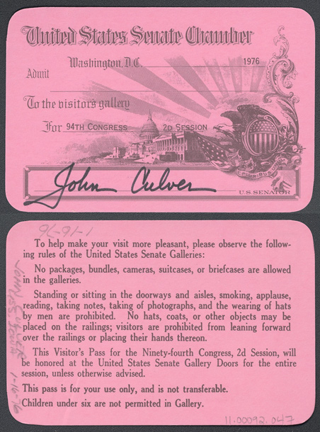 Gallery Pass, Visitor's Gallery, United States Senate Chamber, 94th Congress (Acc. No. 11.00092.047)