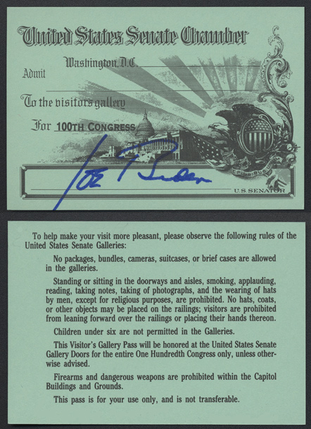 Gallery Pass, Visitor's Gallery, United States Senate Chamber, 100th Congress (Acc. No. 11.00092.060)