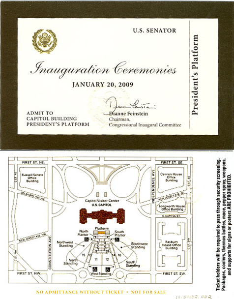 Ticket, 2009 Inaugural Ceremonies (Acc. No. 11.00102.002)