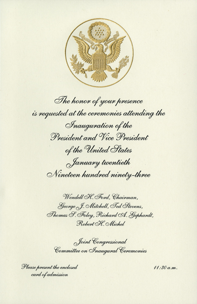 Invitation, 1993 Inaugural Ceremonies (Acc. No. 16.00043.001a)