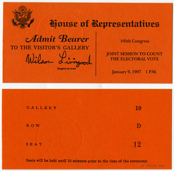 Ticket, Joint Session to Count the Electoral Vote, 105th Congress (Acc. No. 16.00124.000)