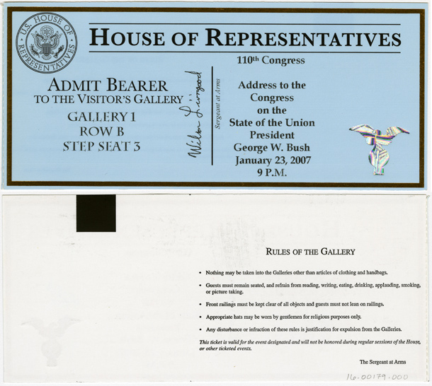 Ticket, Address to the Congress on the State of the Union, President George W. Bush, 110th Congress (Acc. No. 16.00179.000)