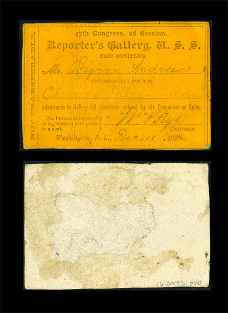 Gallery Pass, Reporter's Gallery, United States Senate Chamber, 47th Congress (Acc. No. 16.00183.000)