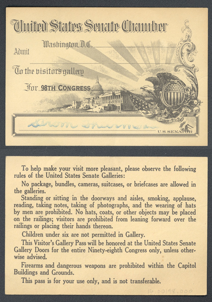 Gallery Pass, Visitor's Gallery, United States Senate Chamber, 98th Congress (Acc. No. 16.00198.000)