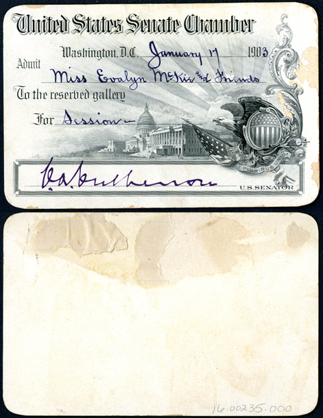 Gallery Pass, Reserved Gallery, United States Senate Chamber, 58th Congress (Acc. No. 16.00235.000)
