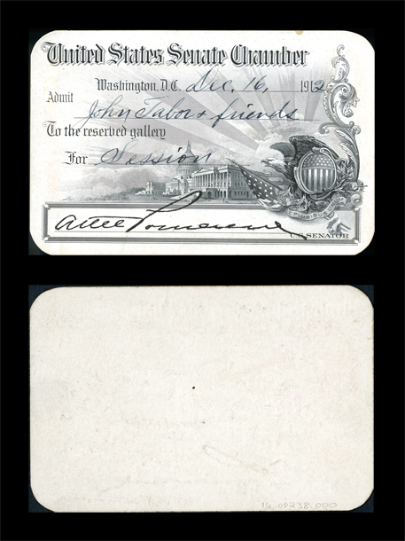 Gallery Pass, Reserved Gallery, United States Senate Chamber, 62nd Congress (Acc. No. 16.00238.000)