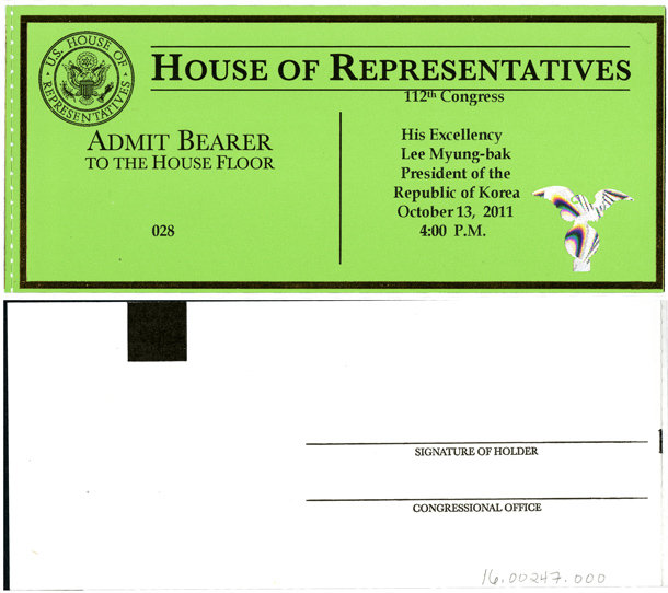 Ticket, Joint Session to Hear His Excellency Lee Myung-bak, President of the Republic of Korea, 112th Congress (Acc. No. 16.00247.000)