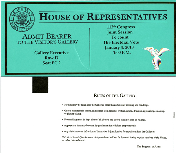 Ticket, Joint Session to Count the Electoral Vote, 113th Congress (Acc. No. 16.00259.000)