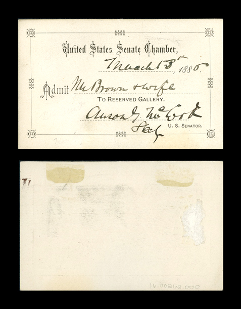 Gallery Pass, Reserved Gallery, United States Senate Chamber, 49th Congress (Acc. No. 16.00262.000)