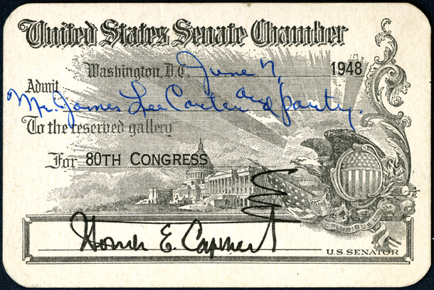 Gallery Pass, Reserved Gallery, United States Senate Chamber, 80th Congress (Acc. No. 16.00264.000)