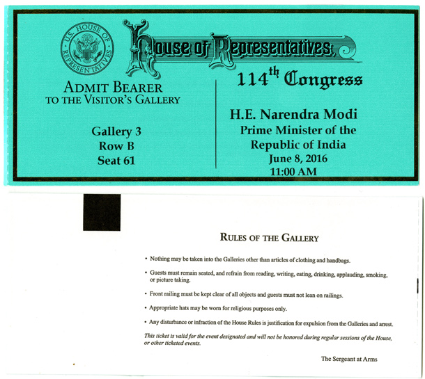 Ticket, Joint Meeting to Hear H.E. Narendra Modi, Prime Minister of the Republic of India, 114th Congress (Acc. No. 16.00283.000)