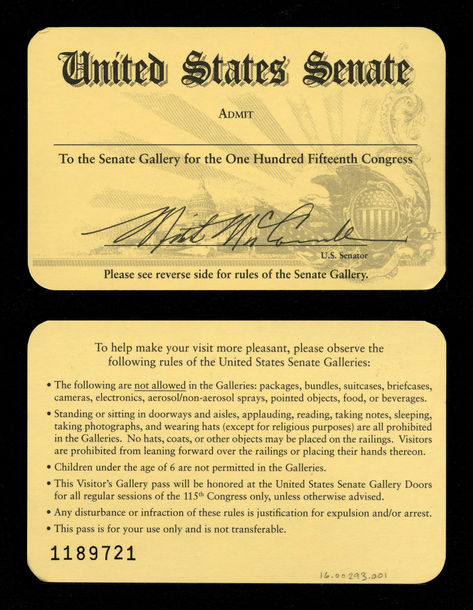 Image: Gallery Pass, Senate Gallery, United States Senate Chamber, 115th Congress(Cat. no. 16.00293.001)
