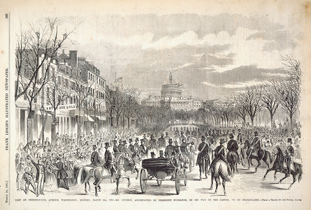 View on Pennsylvania Avenue, Washington, Monday, March 4th, 1861—Mr. Lincoln, Accompanied by President Buchanan, on His Way to the Capitol to Be Inaugurated. (Acc. No. 38.00006.004)