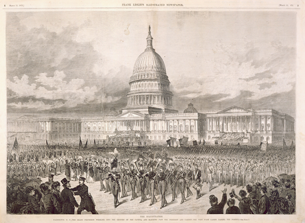 The Inauguration. Washington, D.C.—The Grand Procession Wheeling into the Grounds of the Capitol and Marching Past the President and Cabinet—The West Point Cadets Passing the Portico. (Acc. No. 38.00104.001)