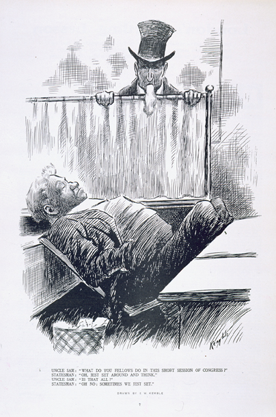 Uncle Sam: "What Do You Fellows Do in This Short Session of Congress?" Statesman: "Oh, Jest Set Around and Think." Uncle Sam: "Is That All?" Statesman: "Oh No; Sometimes We Jest Set." (Acc. No. 38.00167.001)