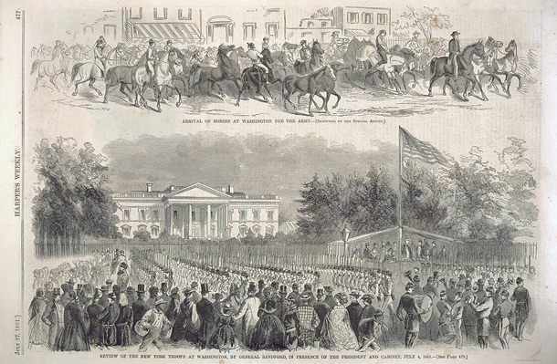 Arrival of Horses at Washington for the Army. / Review of the New York Troops at Washington, by General Sandford, in Presence of the President and Cabinet, July 4, 1861. (Acc. No. 38.00263.001)
