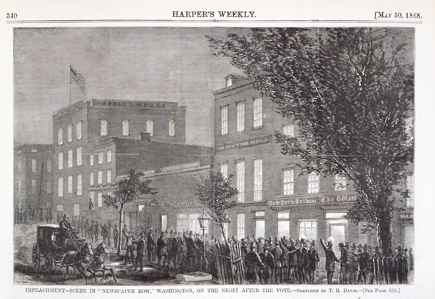 Impeachment&mdash;Scene in "Newspaper Row," Washington, on the Night after the Vote. (Acc. No. 38.00426.001a)