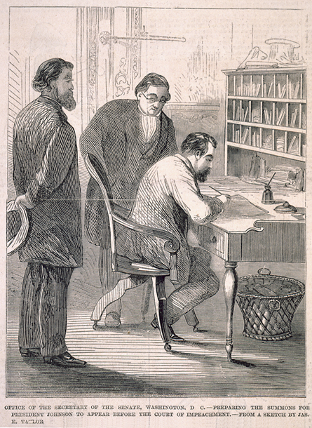 Office of the Secretary of the Senate, Washington, D.C. [sic]&mdash;Preparing the Summons for President Johnson to Appear before the Court of Impeachment. (Acc. No. 38.00527.001a)