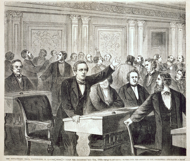 The Impeachment Trial, Washington, D.C.&mdash;The Order to Clear the Galleries, May 6th, 1868&mdash;Senator Trumbull Moving for the Arrest of the Disorderly Spectators. (Acc. No. 38.00529.001)