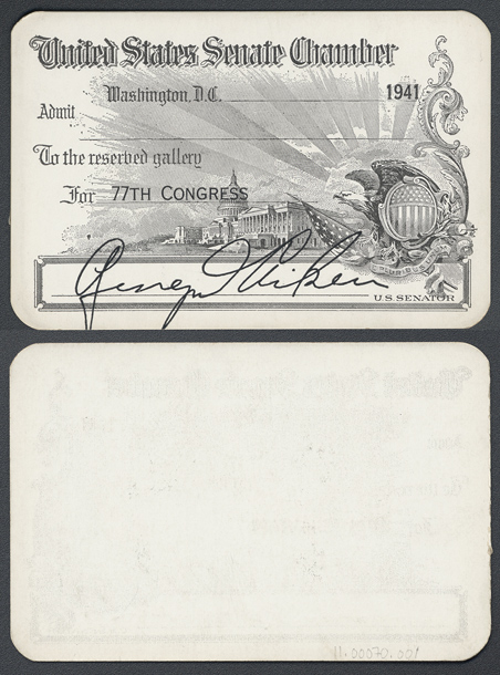Gallery Pass, Reserved Gallery, United States Senate Chamber, 77th Congress (Acc. No. 11.00070.001)