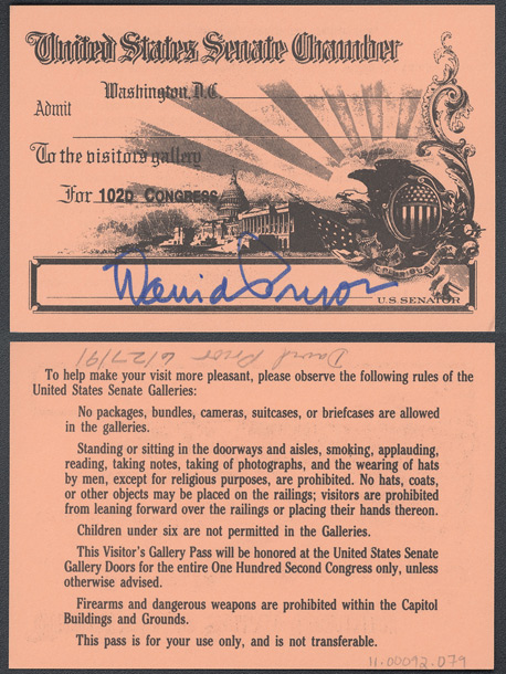 Gallery Pass, Visitor's Gallery, United States Senate Chamber, 102nd Congress (Acc. No. 11.00092.079)